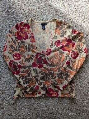 Vtg Carole Little Floral V-Neck Wool Cardigan with Pink & Orange Roses Size M